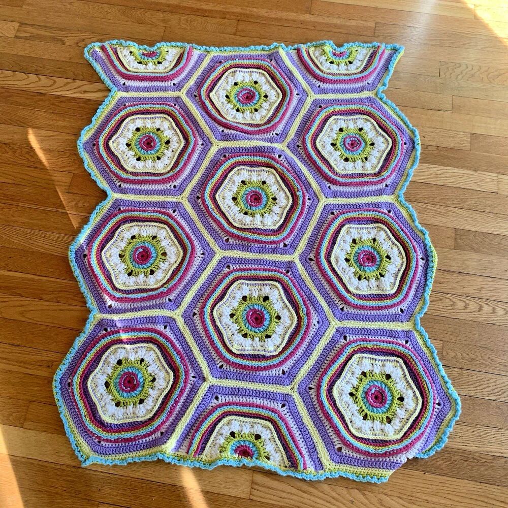 Granny Square Octagons Cotton Crocheted Afghan approx. 32x45” Multicolored Wheel